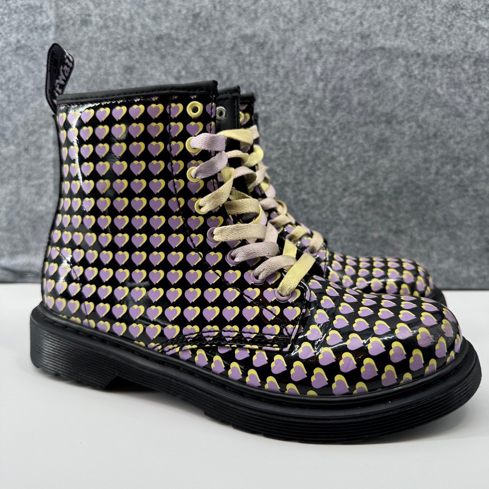 Dr. Martens 1460 J Boots Womens 5 Black Purple Yellow Heart Print Patent Leather - Picture 1 of 16